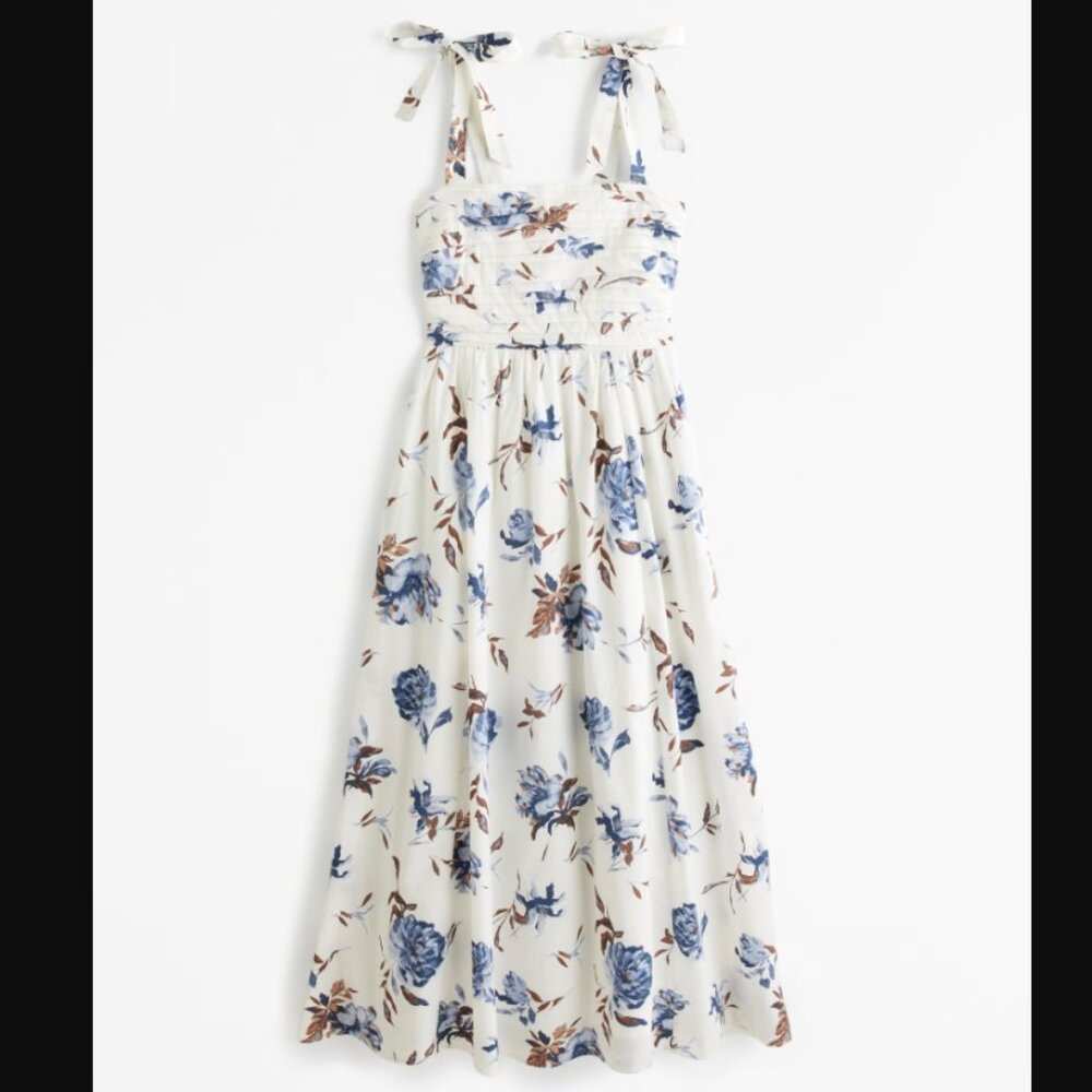 Abercrombie and Fitch Natural White Blue Floral Emerson Tie Strap Maxi Dress M
